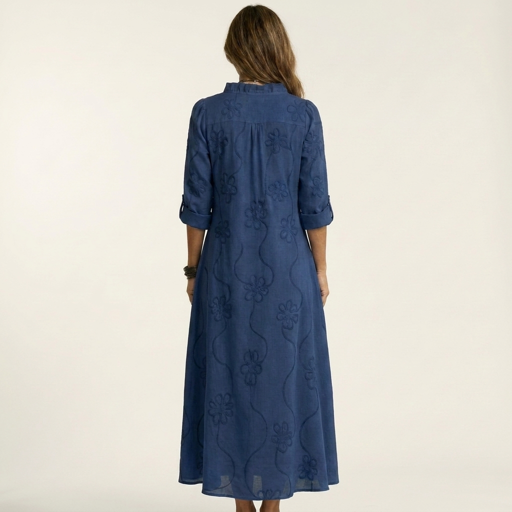 Mariam | Robe maxi en coton-lin avec broderie florale tonale