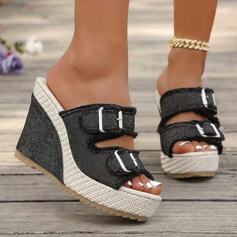 Sandales en denim à talons compensés Elara
