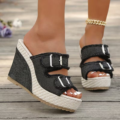Sandales en denim à talons compensés Elara