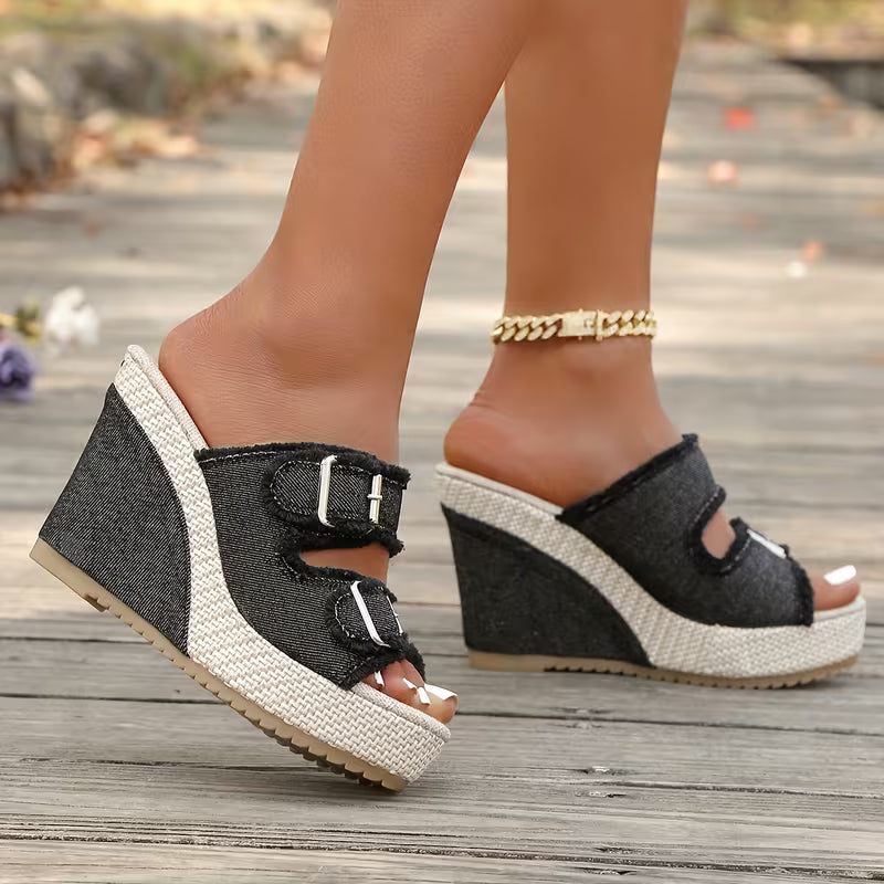 Sandales en denim à talons compensés Elara