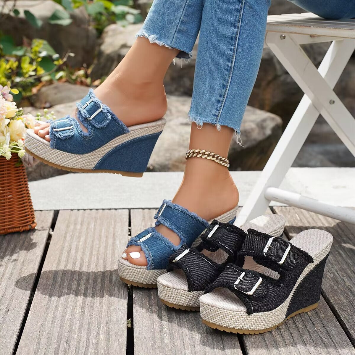 Sandales en denim à talons compensés Elara