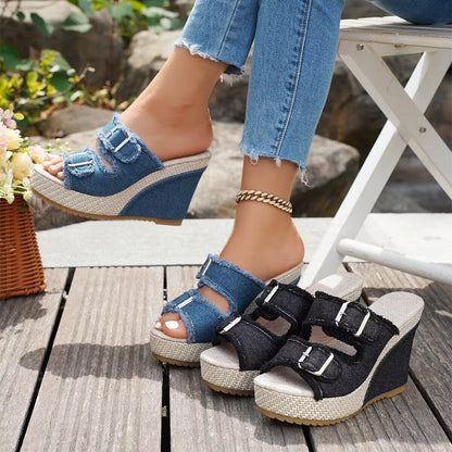 Sandales en denim à talons compensés Elara
