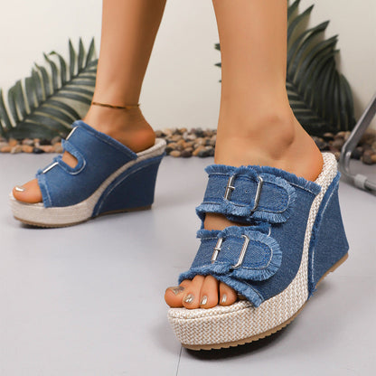 Sandales en denim à talons compensés Elara