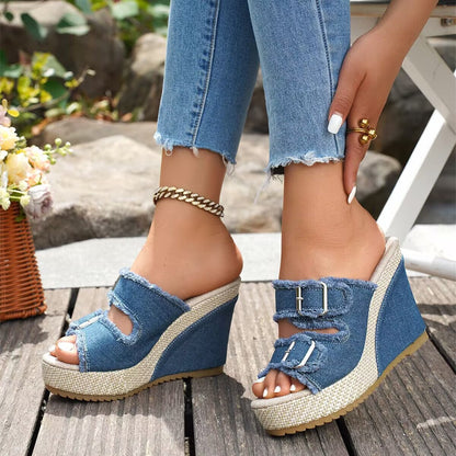 Sandales en denim à talons compensés Elara