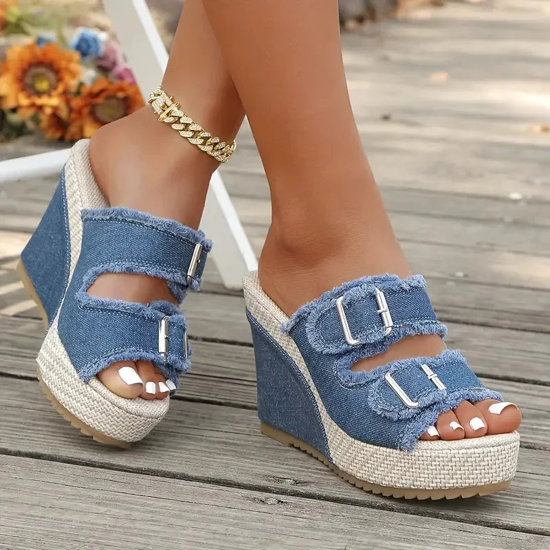 Sandales en denim à talons compensés Elara