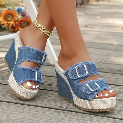 Sandales en denim à talons compensés Elara