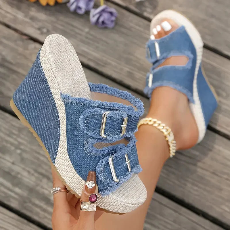 Sandales en denim à talons compensés Elara