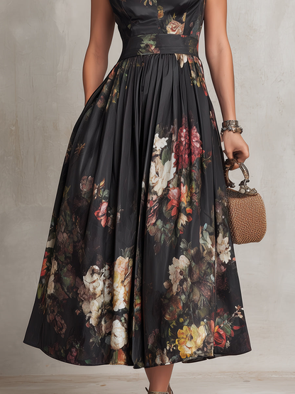 Violetta - Robe midi noire en satin plissé à motif floral et encolure à trou de serrure