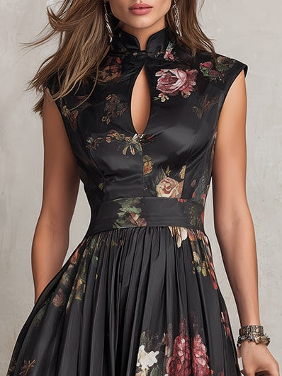 Violetta - Robe midi noire en satin plissé à motif floral et encolure à trou de serrure