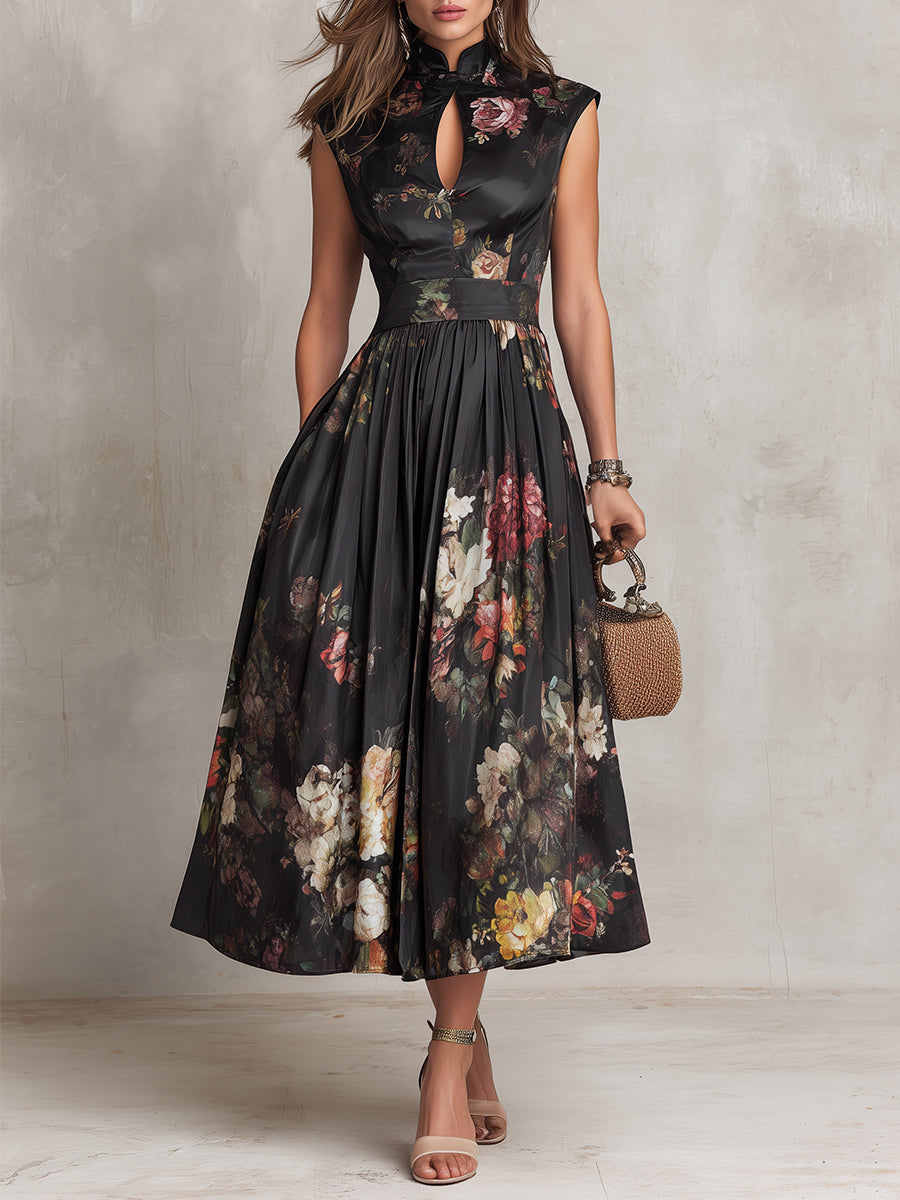 Violetta - Robe midi noire en satin plissé à motif floral et encolure à trou de serrure