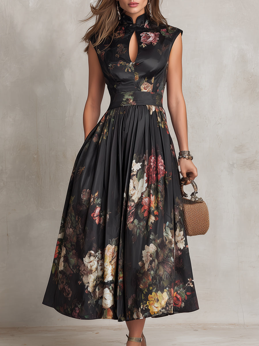 Violetta - Robe midi noire en satin plissé à motif floral et encolure à trou de serrure