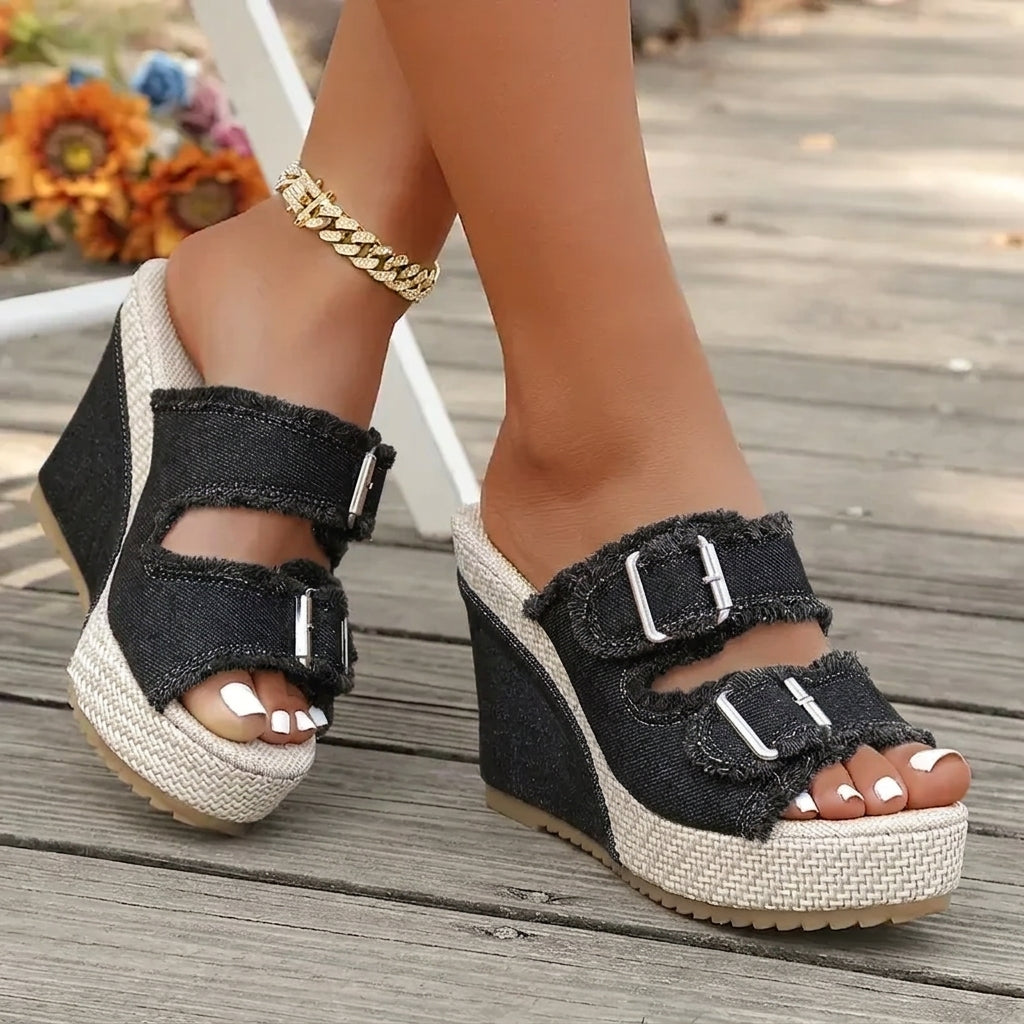 Sandales en denim à talons compensés Elara