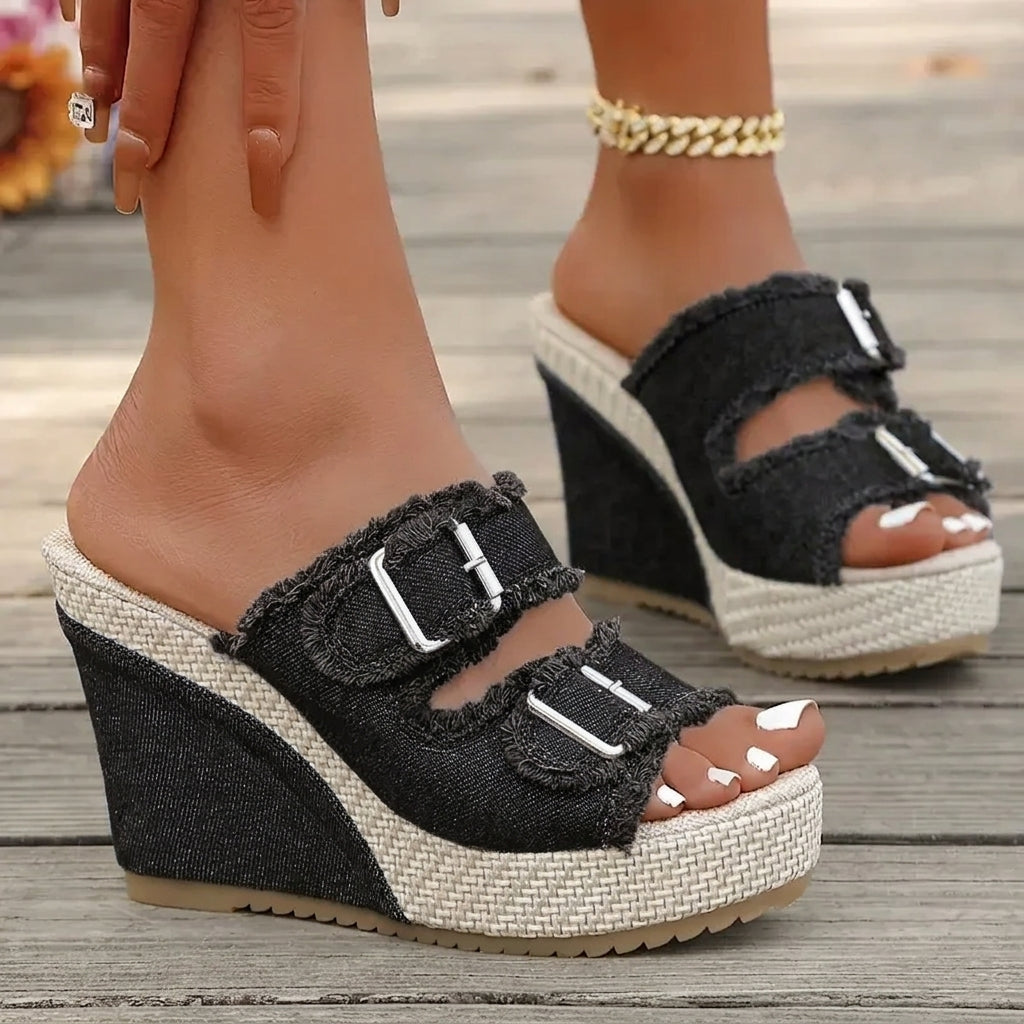 Sandales en denim à talons compensés Elara