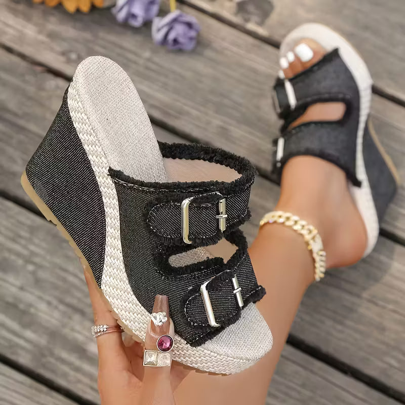 Sandales en denim à talons compensés Elara