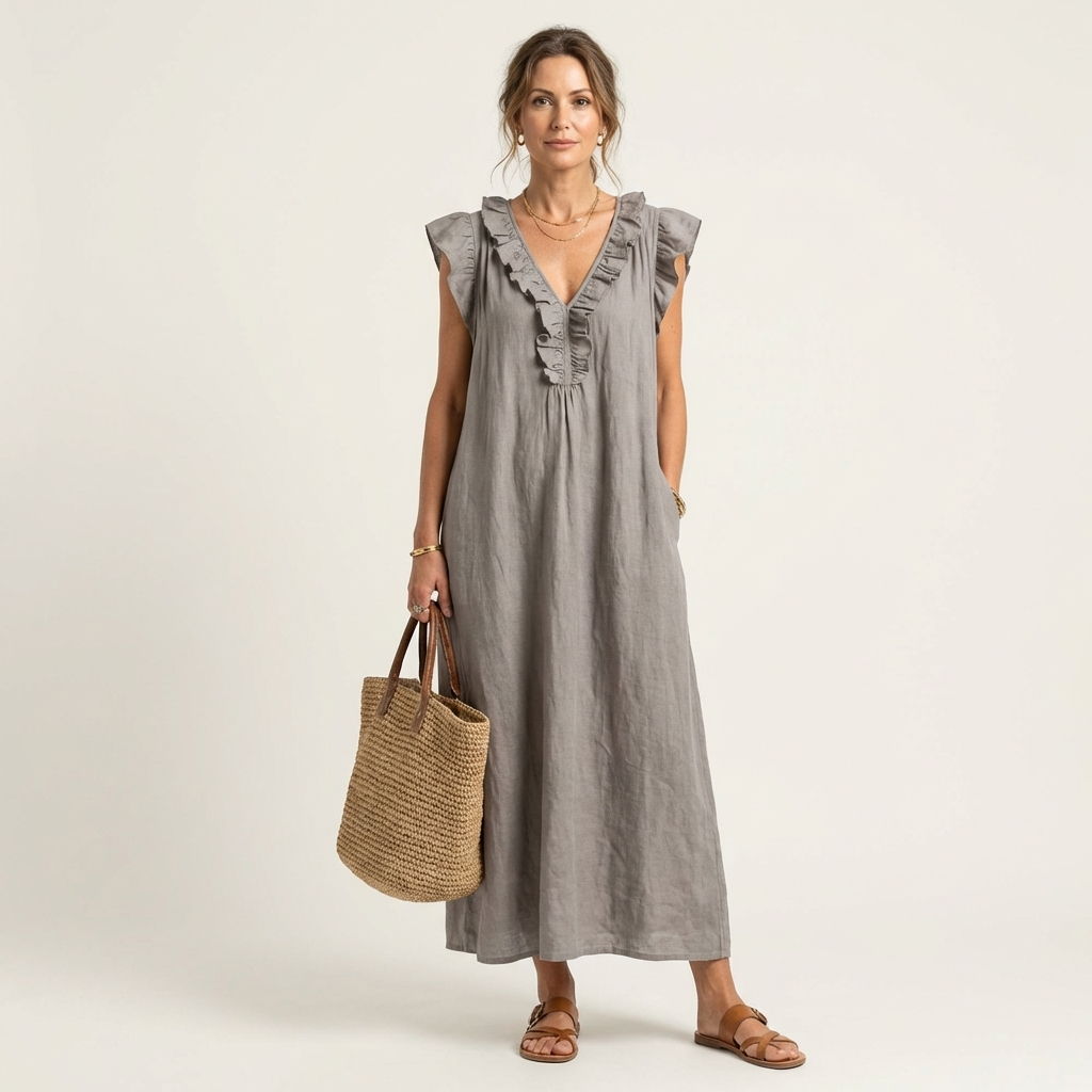 Josette | Robe maxi en lin à col en V et volants