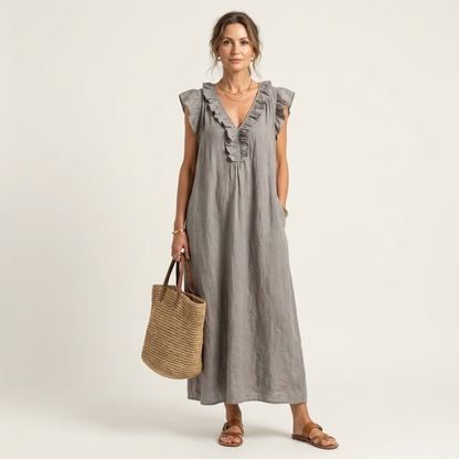 Josette | Robe maxi en lin à col en V et volants