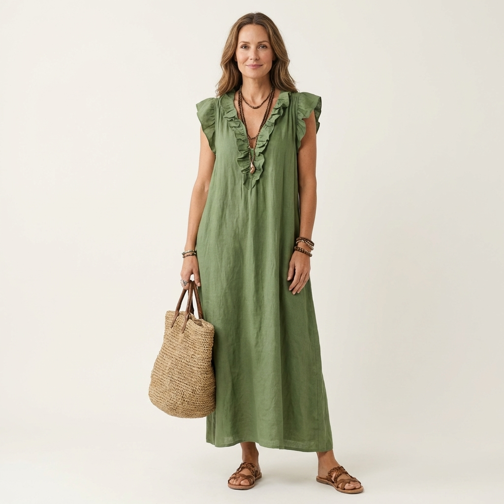 Josette | Robe maxi en lin à col en V et volants