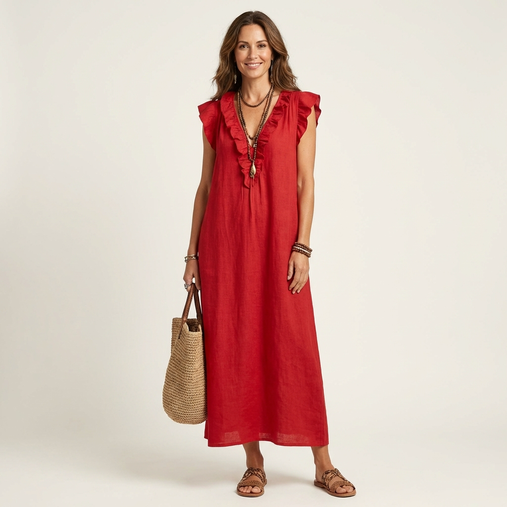 Josette | Robe maxi en lin à col en V et volants