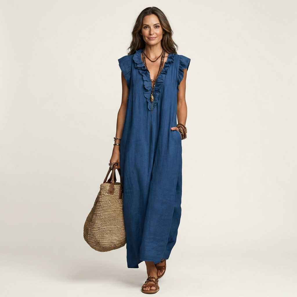 Josette | Robe maxi en lin à col en V et volants