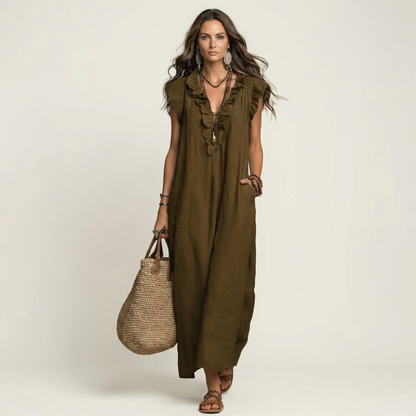 Josette | Robe maxi en lin à col en V et volants