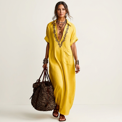 Amarina | Robe maxi en lin à col en V brodé
