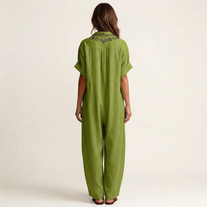 Amarina | Robe maxi en lin à col en V brodé