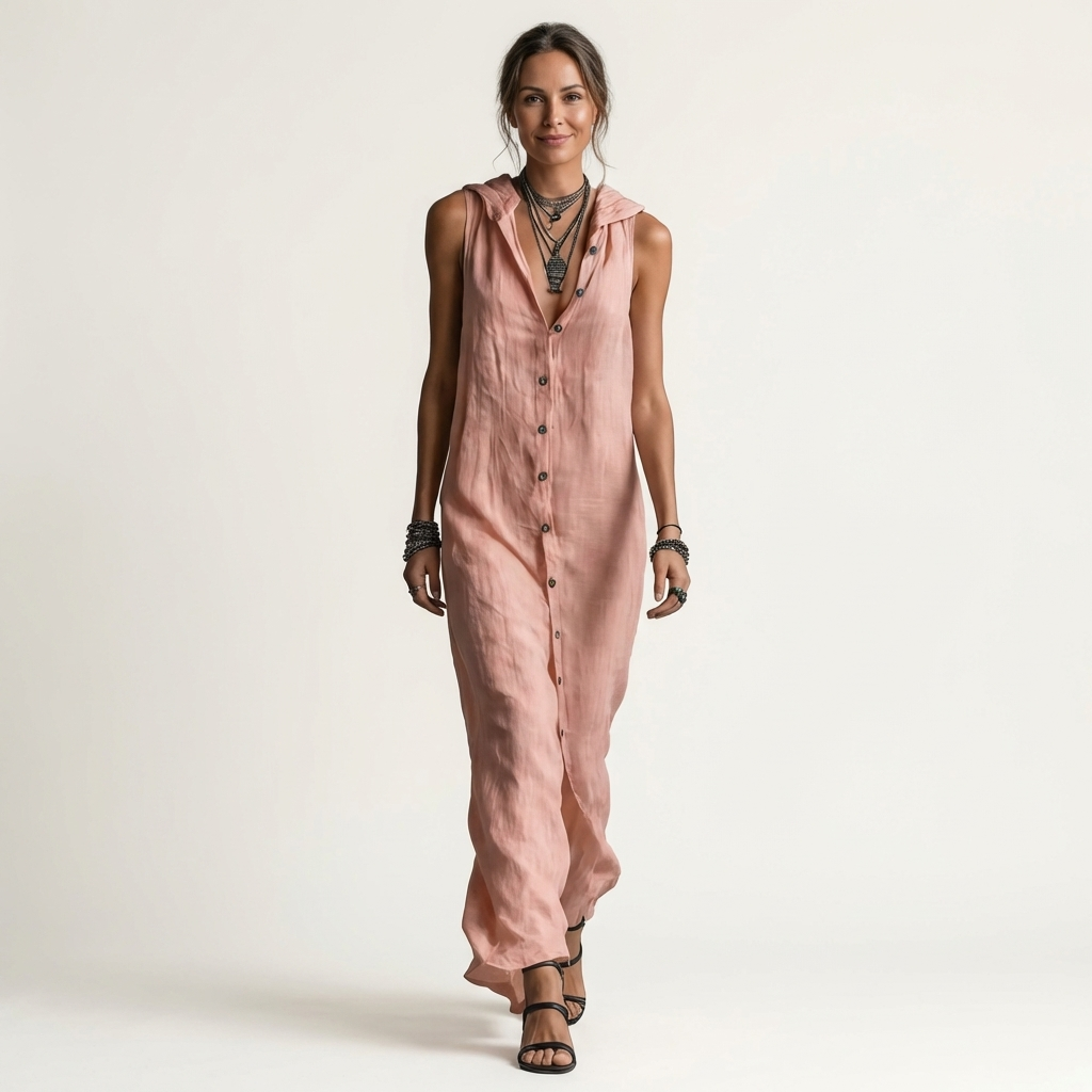 Mirabell | Robe maxi en lin sans manches à capuche boutonnée sur le devant