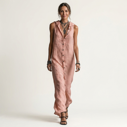 Mirabell | Robe maxi en lin sans manches à capuche boutonnée sur le devant