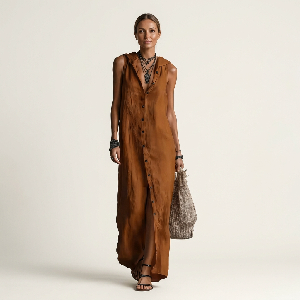 Mirabell | Robe maxi en lin sans manches à capuche boutonnée sur le devant