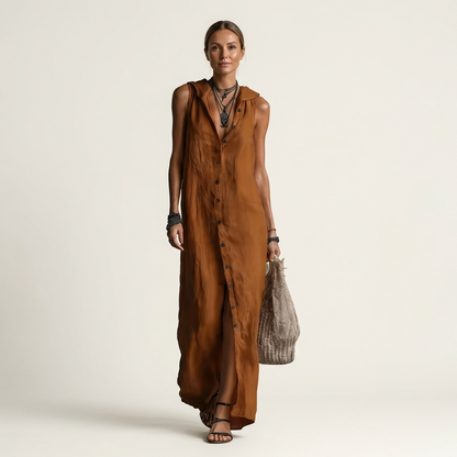 Mirabell | Robe maxi en lin sans manches à capuche boutonnée sur le devant