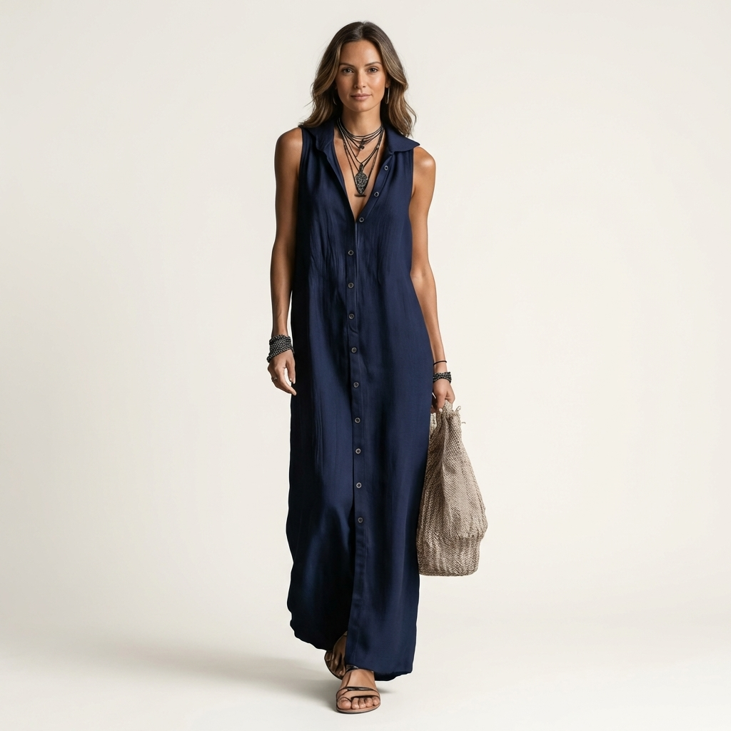 Mirabell | Robe maxi en lin sans manches à capuche boutonnée sur le devant
