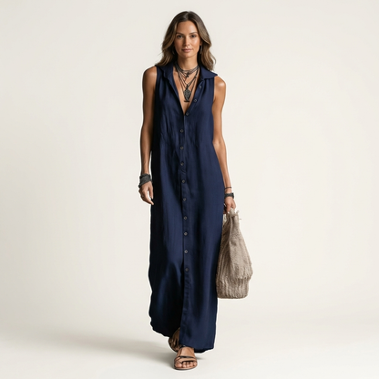 Mirabell | Robe maxi en lin sans manches à capuche boutonnée sur le devant