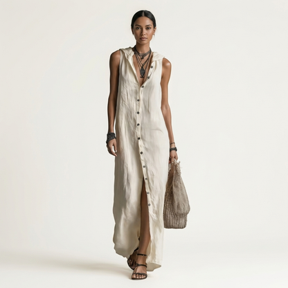 Mirabell | Robe maxi en lin sans manches à capuche boutonnée sur le devant