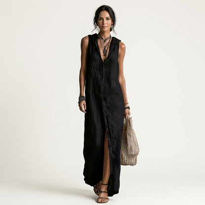 Mirabell | Robe maxi en lin sans manches à capuche boutonnée sur le devant