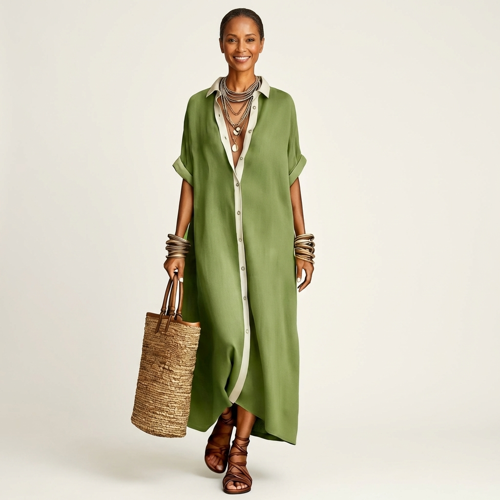 Kamira | Robe chemise maxi à col contrasté, boutonnée sur le devant, manches courtes
