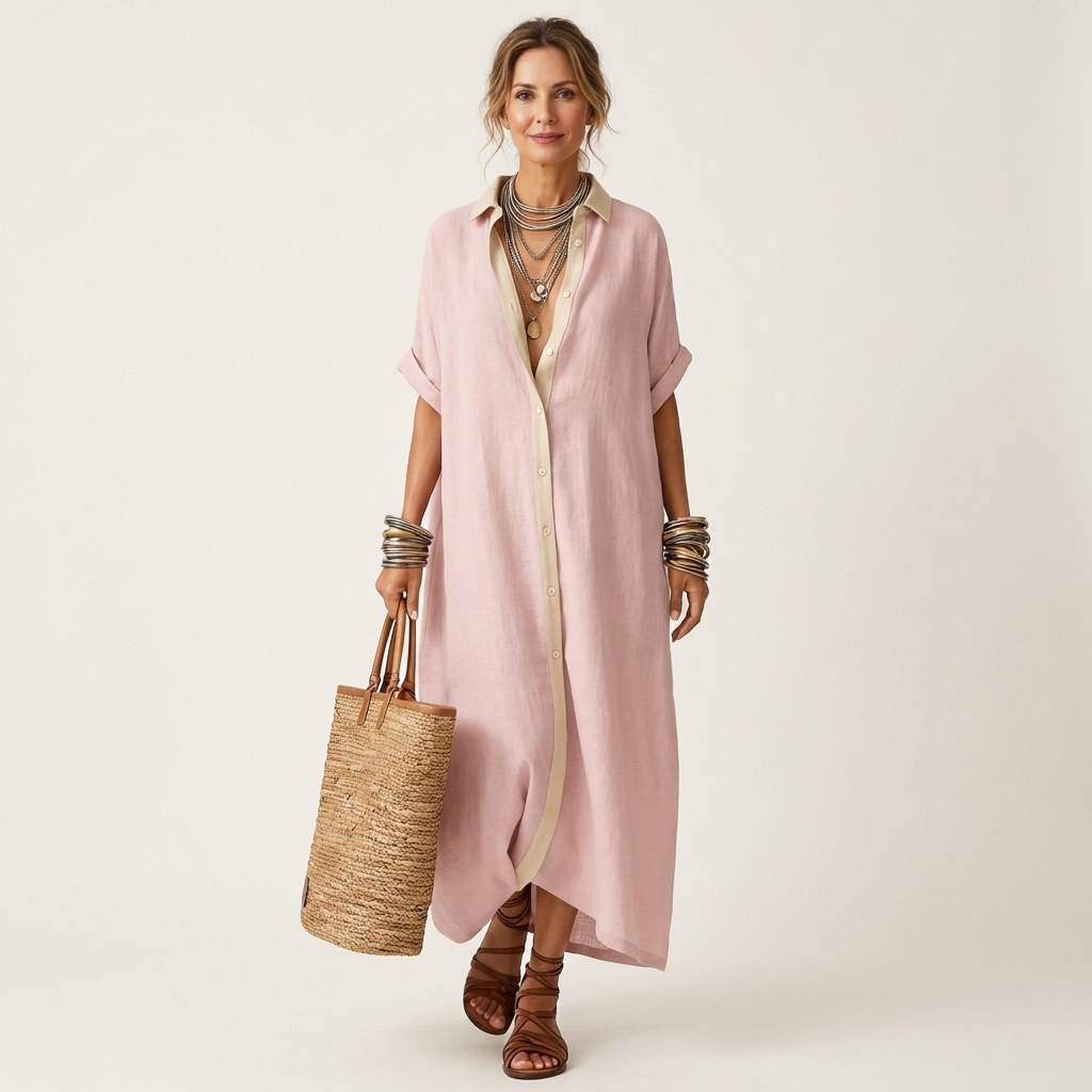 Kamira | Robe chemise maxi à col contrasté, boutonnée sur le devant, manches courtes