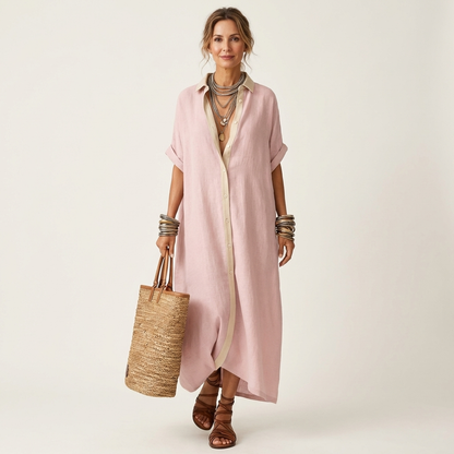 Kamira | Robe chemise maxi à col contrasté, boutonnée sur le devant, manches courtes