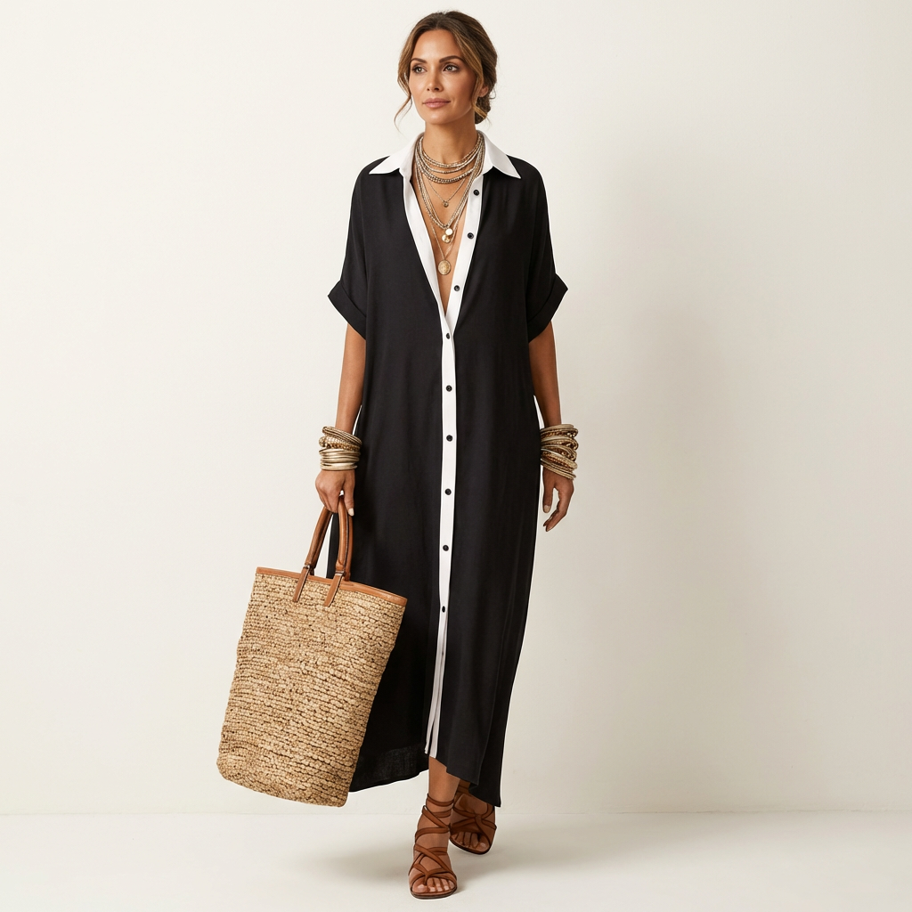 Kamira | Robe chemise maxi à col contrasté, boutonnée sur le devant, manches courtes