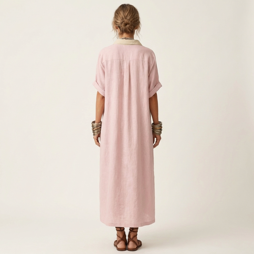 Kamira | Robe chemise maxi à col contrasté, boutonnée sur le devant, manches courtes