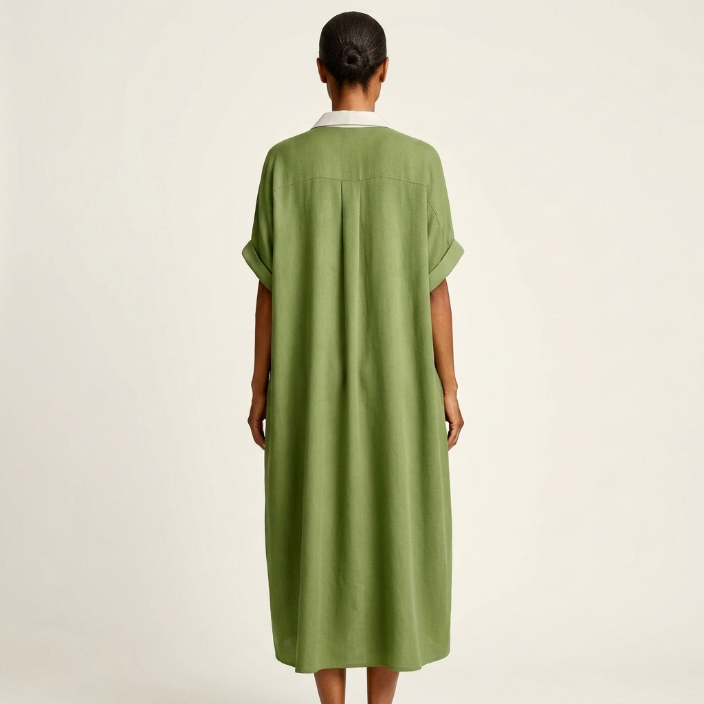 Kamira | Robe chemise maxi à col contrasté, boutonnée sur le devant, manches courtes