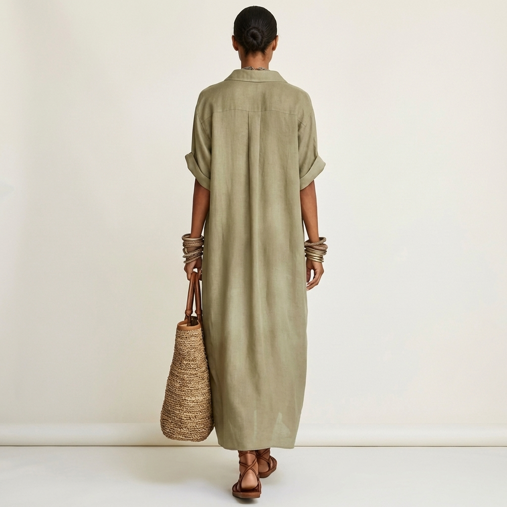 Kamira | Robe chemise maxi à col contrasté, boutonnée sur le devant, manches courtes