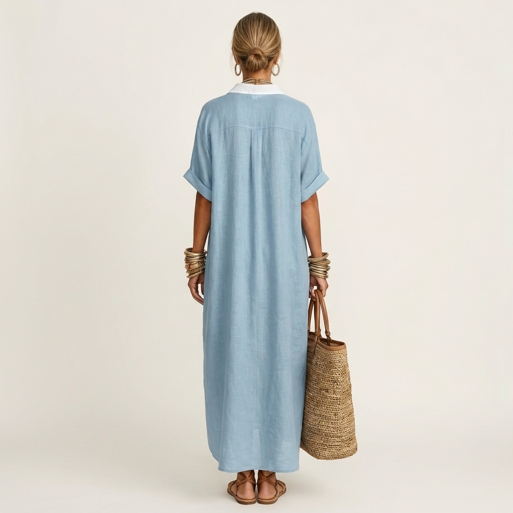 Kamira | Robe chemise maxi à col contrasté, boutonnée sur le devant, manches courtes