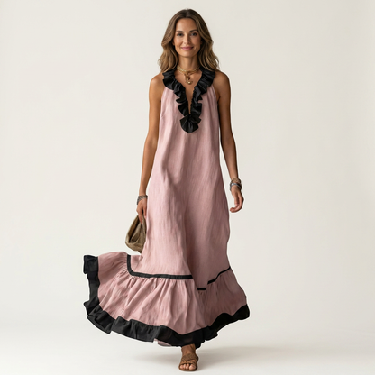 Mayline | Robe maxi sans manches à col à volants et galon contrastant