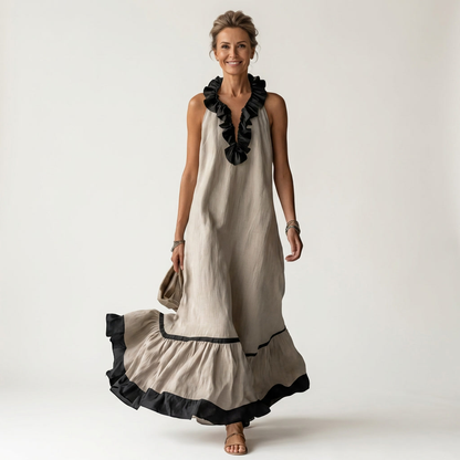Mayline | Robe maxi sans manches à col à volants et galon contrastant