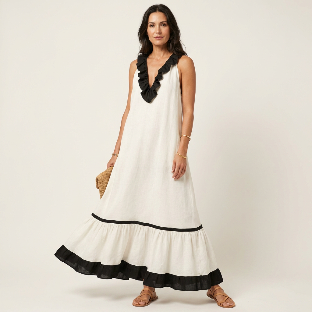 Mayline | Robe maxi sans manches à col à volants et galon contrastant