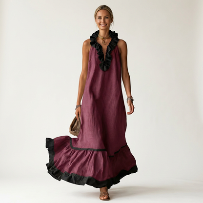 Mayline | Robe maxi sans manches à col à volants et galon contrastant