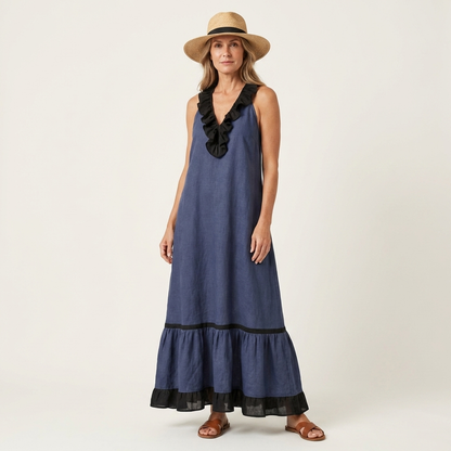 Mayline | Robe maxi sans manches à col à volants et galon contrastant