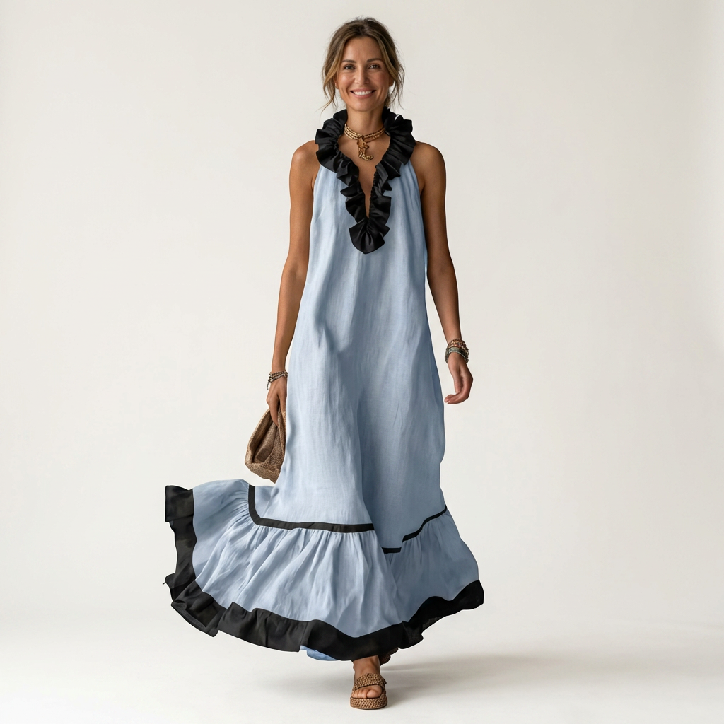 Mayline | Robe maxi sans manches à col à volants et galon contrastant