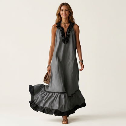 Mayline | Robe maxi sans manches à col à volants et galon contrastant