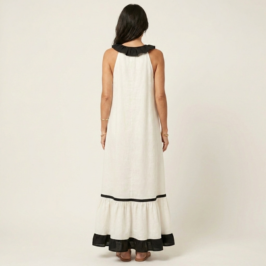 Mayline | Robe maxi sans manches à col à volants et galon contrastant
